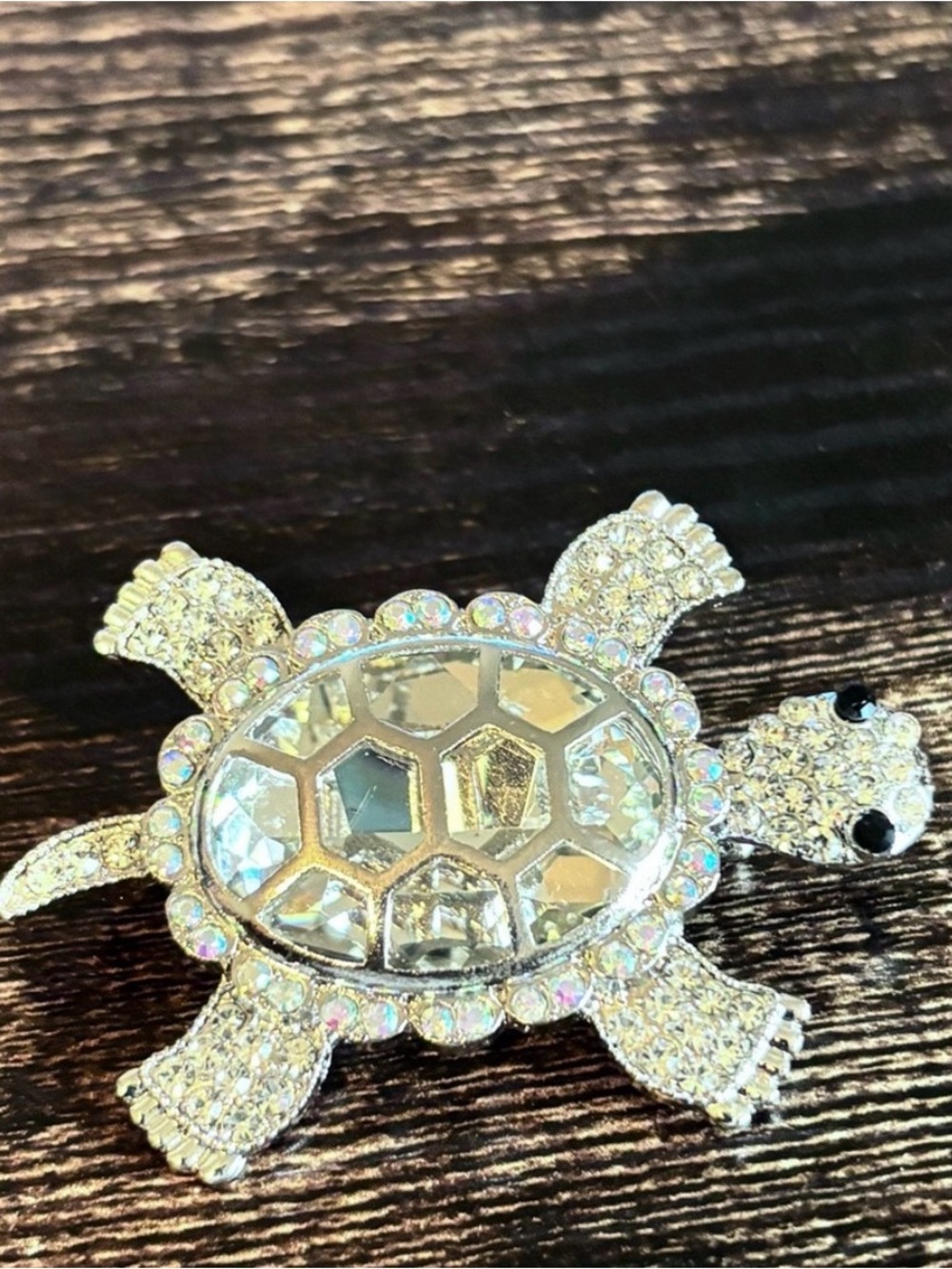 Large Sparkling Turtle Brooch in Silver Tone with Crystal Accents